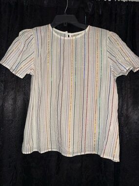White Short-Sleeve Stripe Tee with Metallic Threading